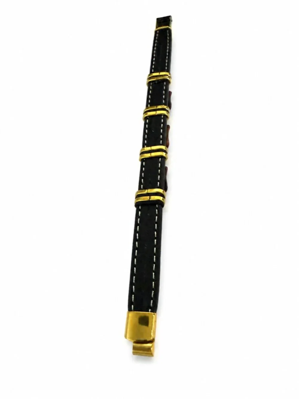 Men Black & Brown Leather Bracelet Gold-Tone Accents Contrast Stitching